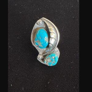 Vintage Sterling Silver Turquoise Feather Ring w/2 Natural Stones – 19g